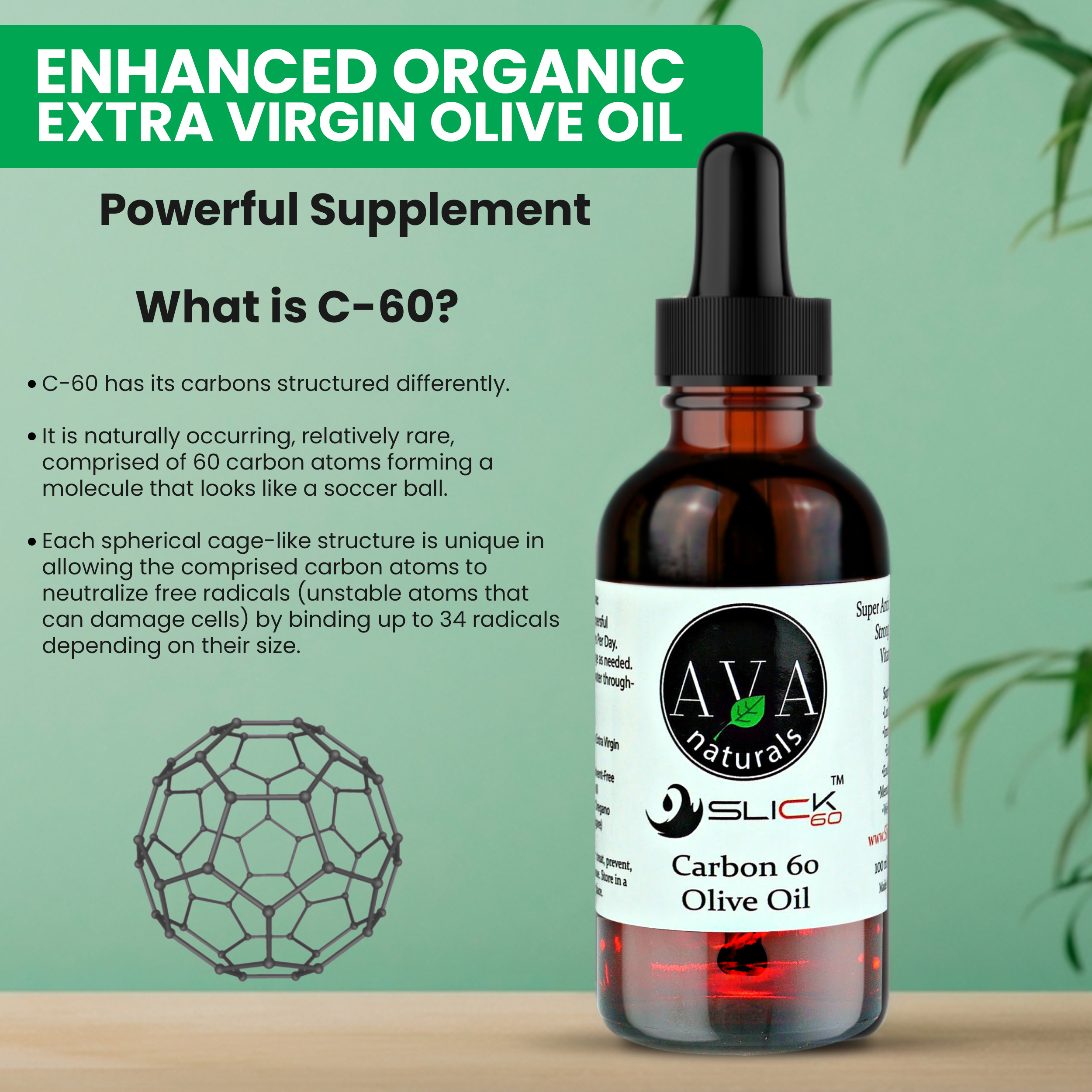 99.9+% (No Solvent) Carbon 60 (C60, Fullerene) in EV Olive Oil  | Slick60 [100ml 3.38oz]  (US Dollar)